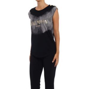 Balmain Paris Distressed Women’s Black Tie-Dye Cotton Sleeveless Shirt Top Size